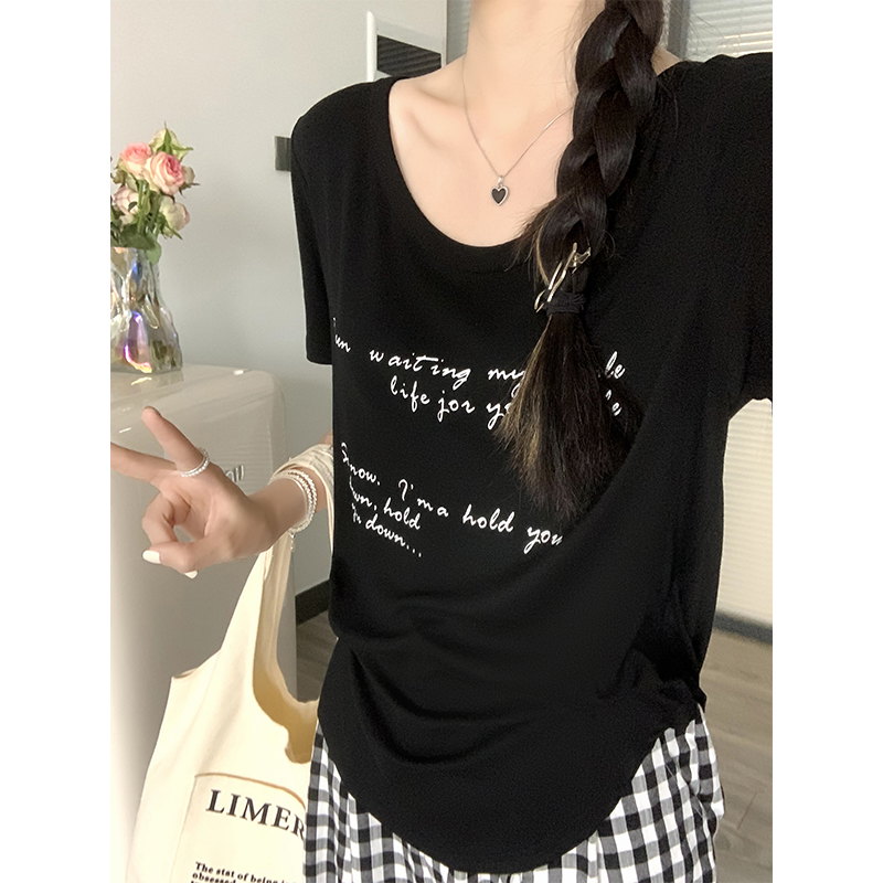 大领口露锁骨U领t恤女短袖夏季慵懒松弛感宽松显瘦不规则褶皱上衣