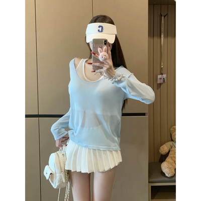 海边穿搭假两件防晒罩衫t恤女潮