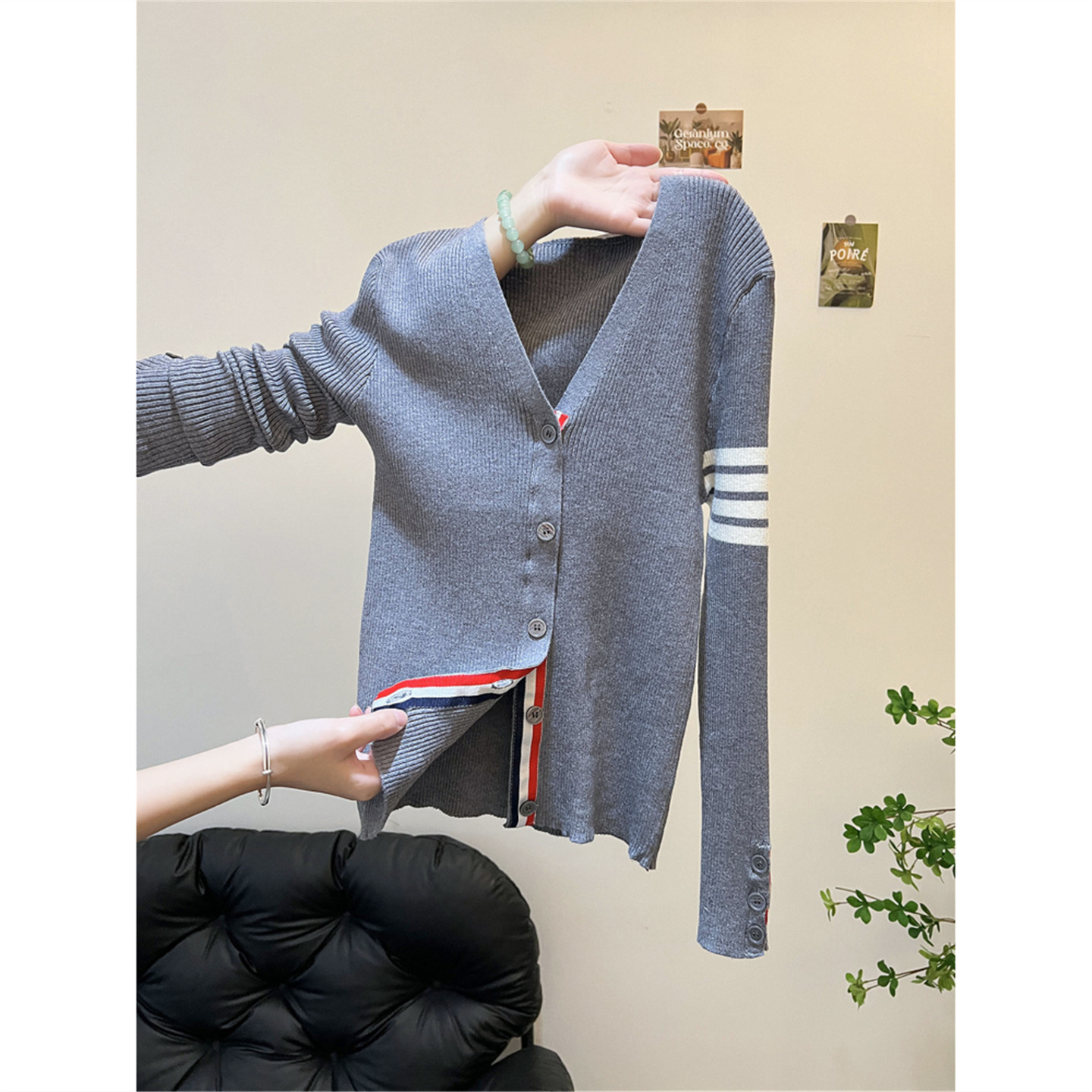 学院风v领长袖针织打底开衫女潮