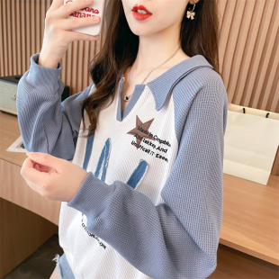 宽松设计感小众华夫格翻领上衣外套 卫衣女春秋韩版 早秋薄款 插肩袖