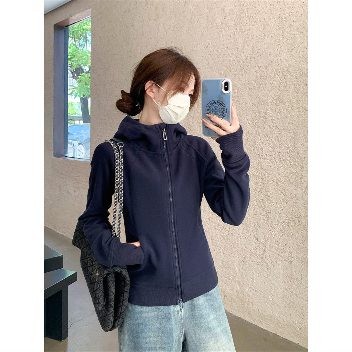 高级感藏蓝色卫衣外套女早春秋2026新款收腰拉链运动连帽开衫上衣