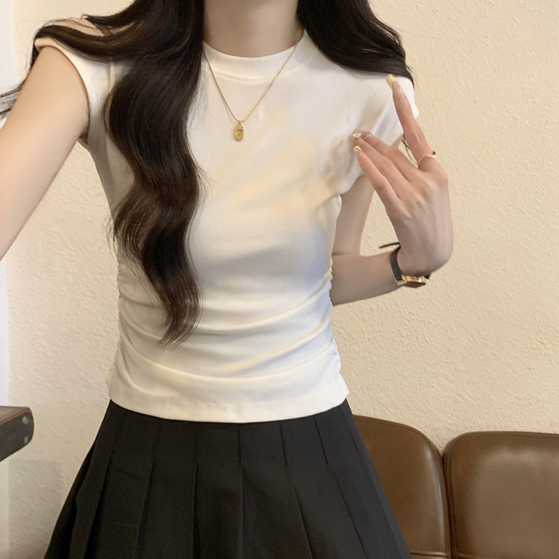 正肩褶皱小个子飞飞袖短袖t恤女