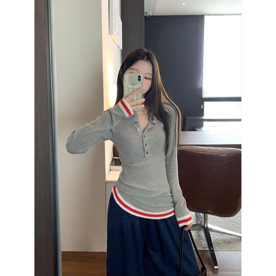 复古撞色条纹Polo领针织衫女毛衣