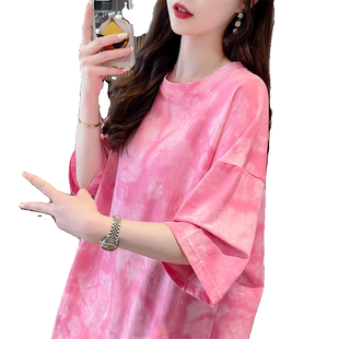 扎染短袖t恤女夏韩版宽松大码女装胖mm设计感小众中长款半袖上衣