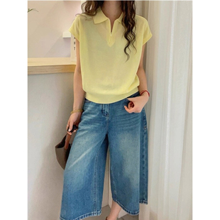 多巴胺黄色针织polo衫 独特漂亮超好看韩系chic上衣 短袖 t恤女夏季