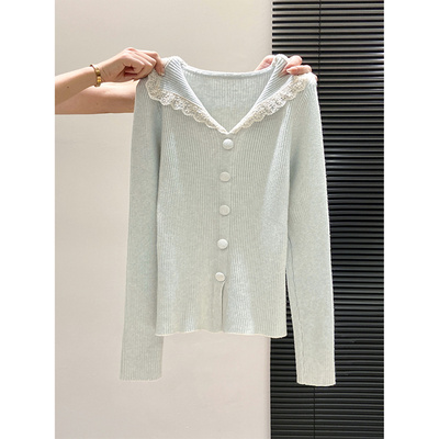 法式温柔风娃娃领蕾丝边针织衫女