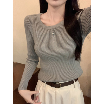 圆领灰色毛衣女打底针织衫上衣潮