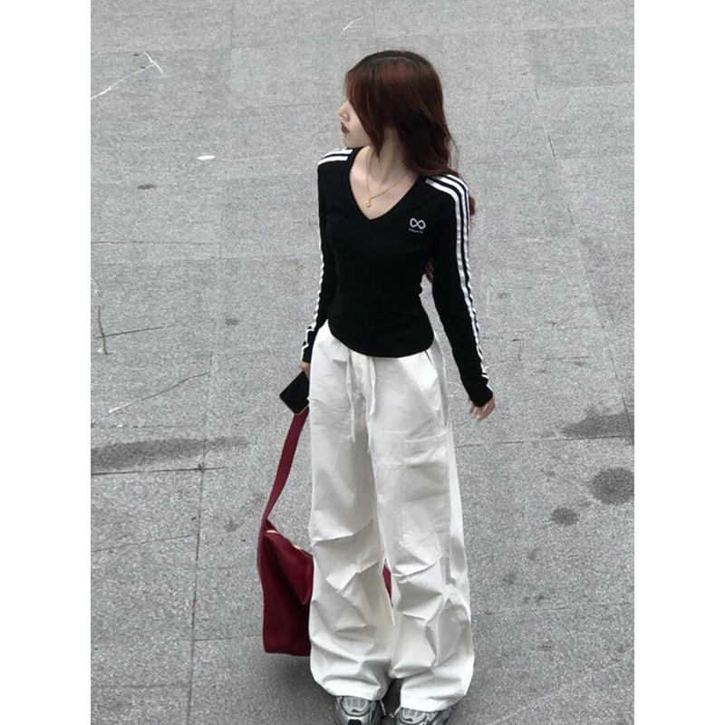 美式辣妹条纹v领紧身t恤女长袖早秋韩系巨好看收腰修身打底衫上衣