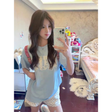 多巴胺奶蓝色正肩短袖t恤女夏季设计感小众碎花刺绣半袖短款上衣