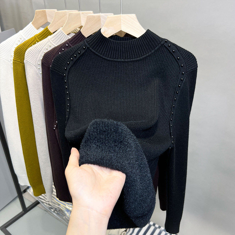 加厚一体绒半高领打底衫毛衣女内搭秋冬高级感钉珠修身针织衫上衣