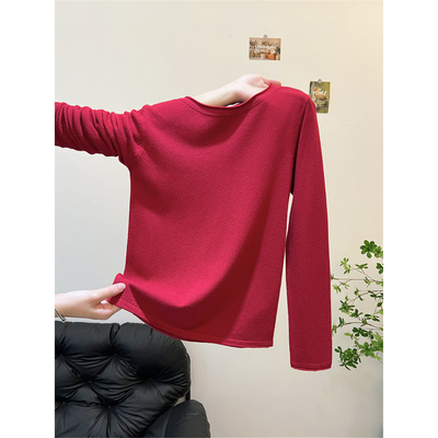 圣诞新年红色圆领卷边毛衣女打底