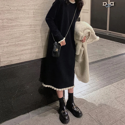 高级感黑色毛衣女针织连衣裙长裙