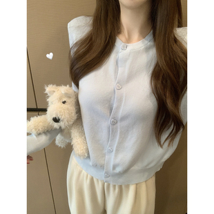 高级感浅蓝色针织毛衣开衫外套女早秋2025新款设计感小众外搭上衣