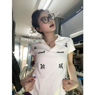 修身 美式 t恤女夏季 辣妹Polo衫 纯欲风辣妹小狗印花上衣 v领正肩短袖
