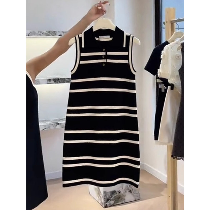 法式条纹针织polo衫连衣背心裙女
