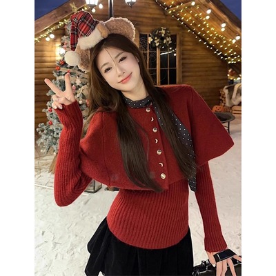 高级感红色斗篷针织毛衣两件套女