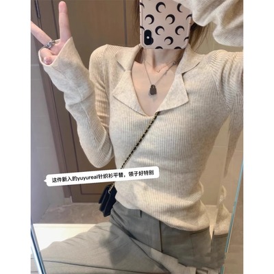 法式Polo领针织衫毛衣女打底上衣