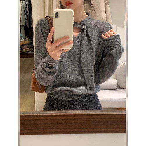 韩系镂空v领飘带灰色毛衣女上衣
