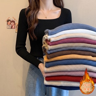 高级感黑色显瘦方领针织打底衫女内搭春秋纯欲露锁骨毛衣长袖上衣