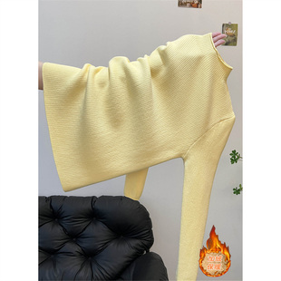 韩系浅黄色半高领毛衣女秋冬季内搭加厚一体绒保暖打底针织衫上衣