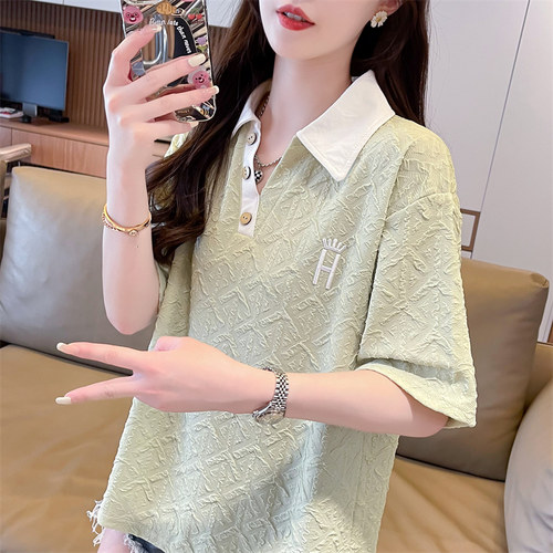 宽松提花翻领polo衫短袖t恤女潮