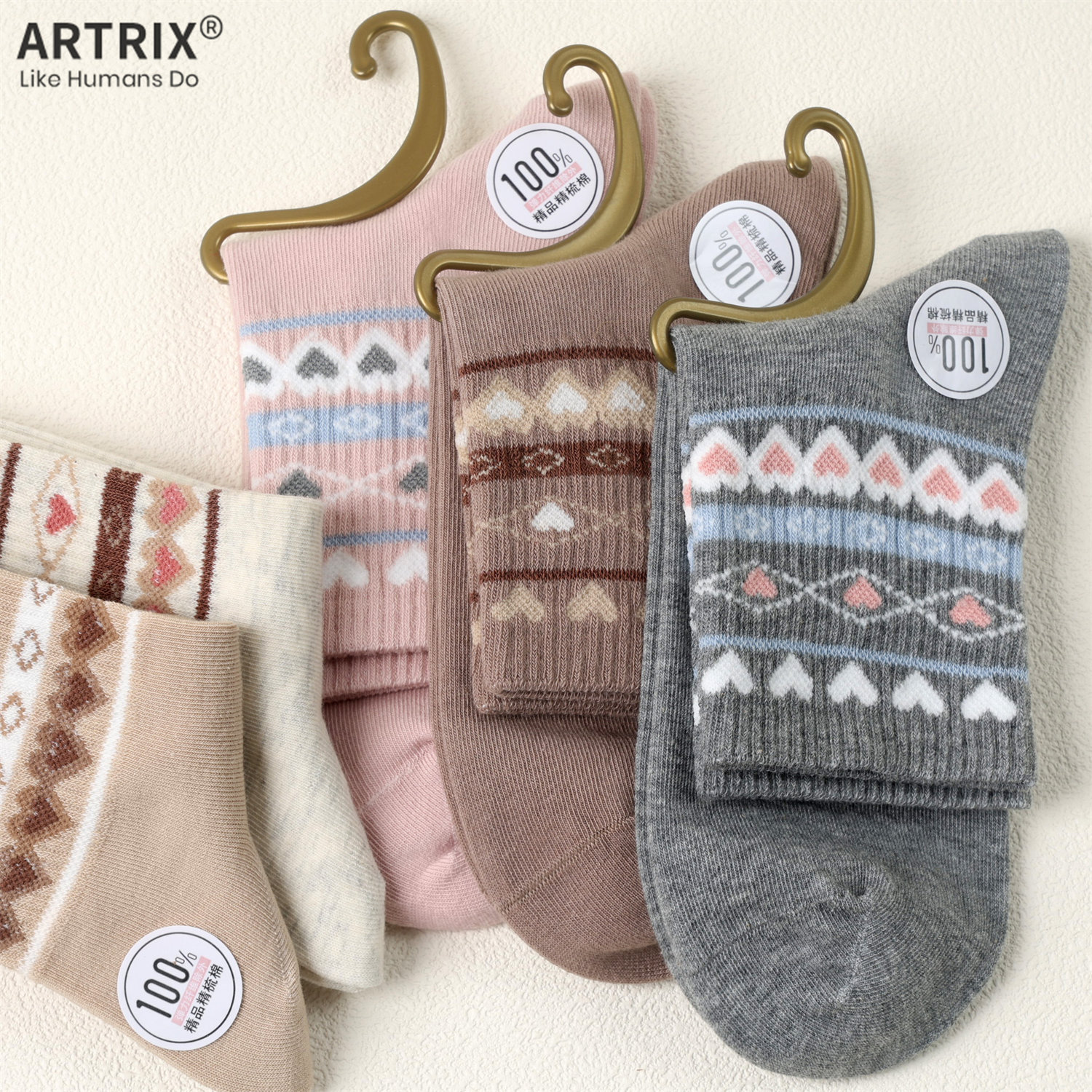 四季可穿女士费尔岛提花中筒袜精梳棉复古袜子