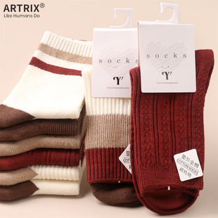 红色精梳棉双针中筒袜女袜中统纯色棉袜春秋拼色条纹2025年新款