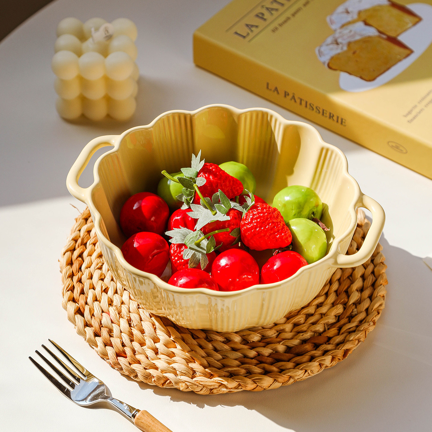 奶油黄色陶瓷碗花朵造型双耳碗大号汤碗螺蛳粉碗可爱手作家用餐具,餐饮具,碗,淘宝优惠券,粉丝福利购,淘宝优惠卷