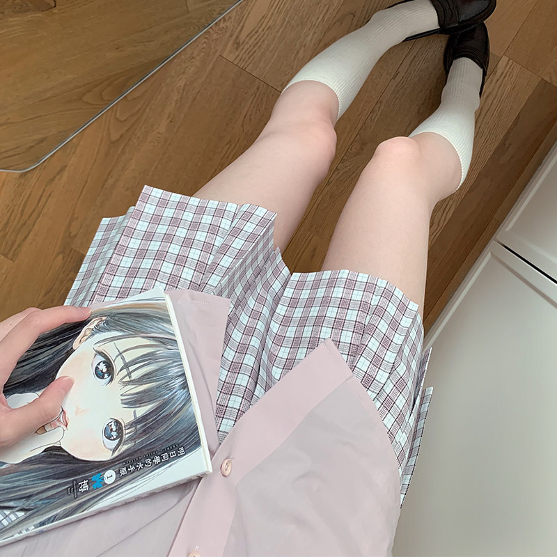 小梅酱/jk制服裙正版日系粉色格裙小格半身裙高腰百褶裙学院风女