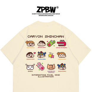 男友风衣服 学生宽松短袖 zpbw像素风蜡笔小新t恤男女情侣装 夏韩版