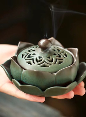 陶瓷莲花香炉创意复古客厅摆件禅意香薰炉驱蚊家用室内沉香檀香炉