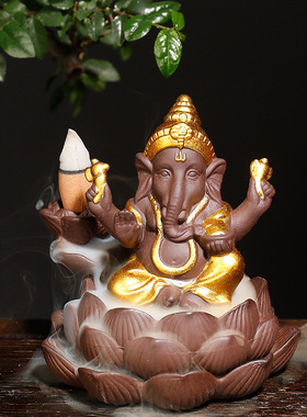 新品原创紫砂印度象神莲花檀香烟倒流香薰炉家居东南亚工艺品摆件