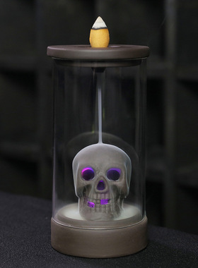 跨境紫砂倒流香炉 创意防风LED灯罩骷髅头家居摆件万圣节倒流香炉