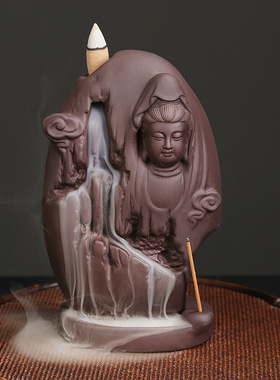跨境紫砂倒流烟香薰炉创意观音菩萨高山流水瀑布倒流香炉家居摆件
