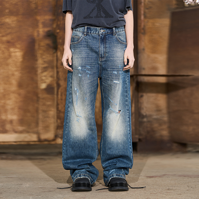 破洞深蓝宽松直筒长裤