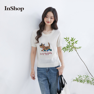 针织衫 InShop 萌宠刺绣软糯短袖 商场同款 女慵懒范圆领上衣 新款