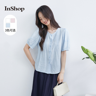 商场同款 甜美减龄短袖 INSHOP新款 单排扣上衣 衬衫 女精致花边袖