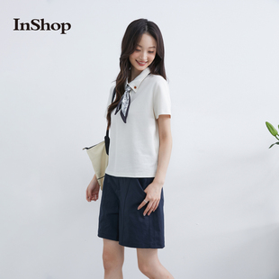 两件套 商场同款 INSHOP新款 简约翻领丝巾上衣女休闲腰带中裤