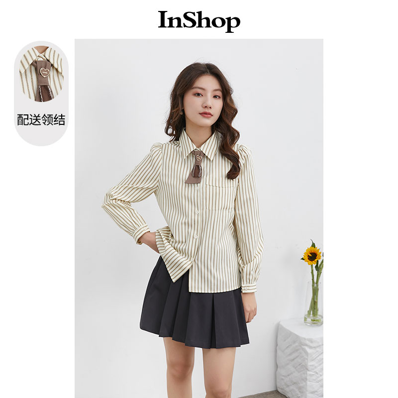 【商场同款】INSHOP新款甜美减龄竖条纹衬衫女元气宽松领结上衣