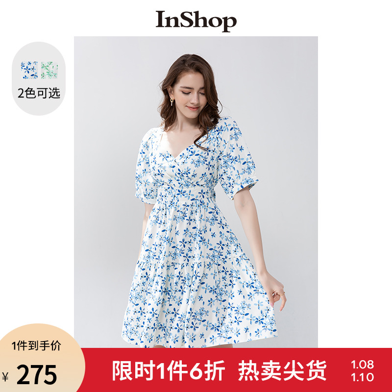 【商场同款】INSHOP2022年新款蓝色碎花连衣裙女法式女裙