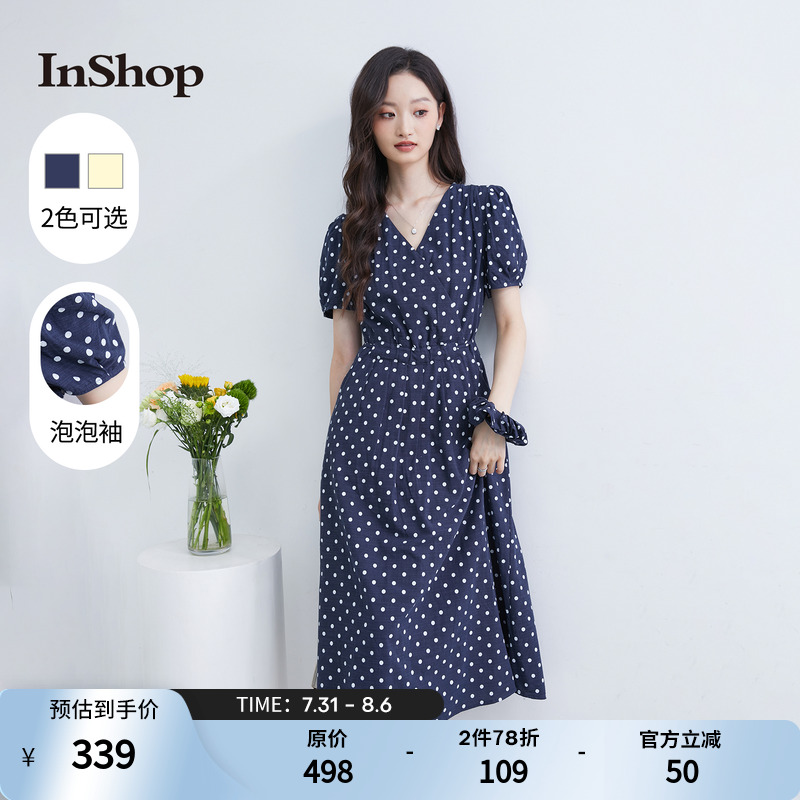 【商场同款】INSHOP新款立体泡泡袖气质连衣裙女复古撞色波点长裙