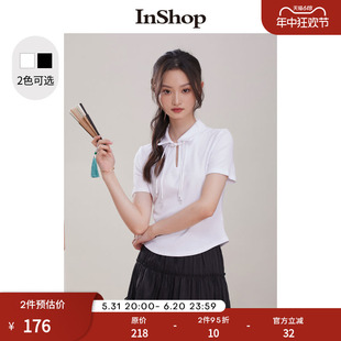 INSHOP新中式 纯色短袖 商场同款 t恤女流苏盘扣正肩舒适短衬衣