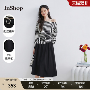 女优雅条纹露肩长袖 InShop新款 上衣a字半长裙两件套 商场同款