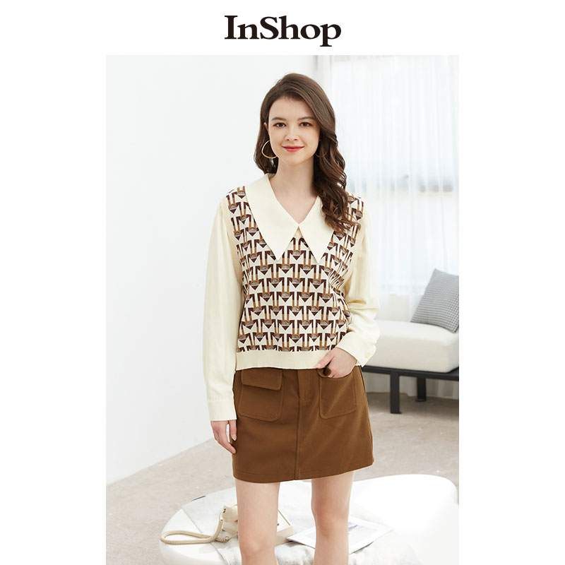 【商场同款】INSHOP新款复古翻领提花针织衫女假两件宽松短上衣