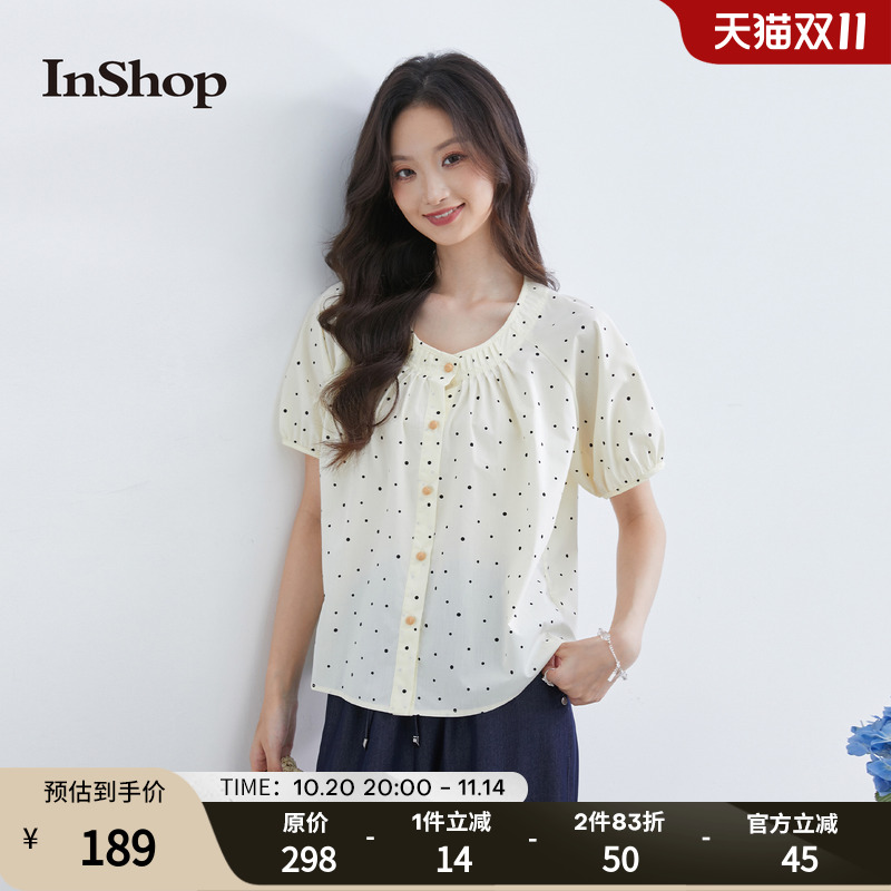 【商场同款】INSHOP新款甜美波点短袖衬衫女复古插肩袖单排扣上衣