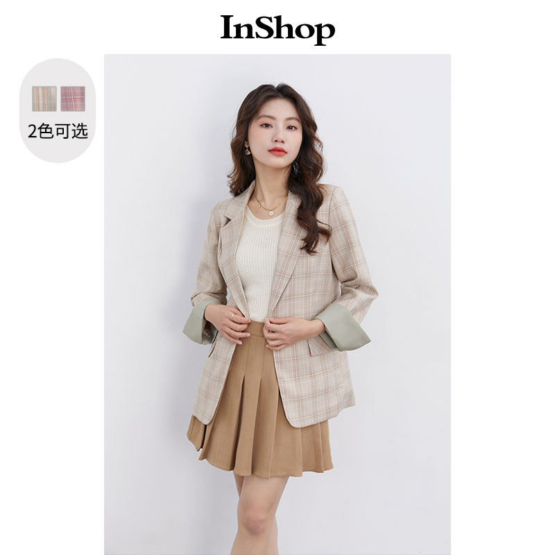 【商场同款】INSHOP新款时尚职场格纹西装外套女撞色翻折袖上衣
