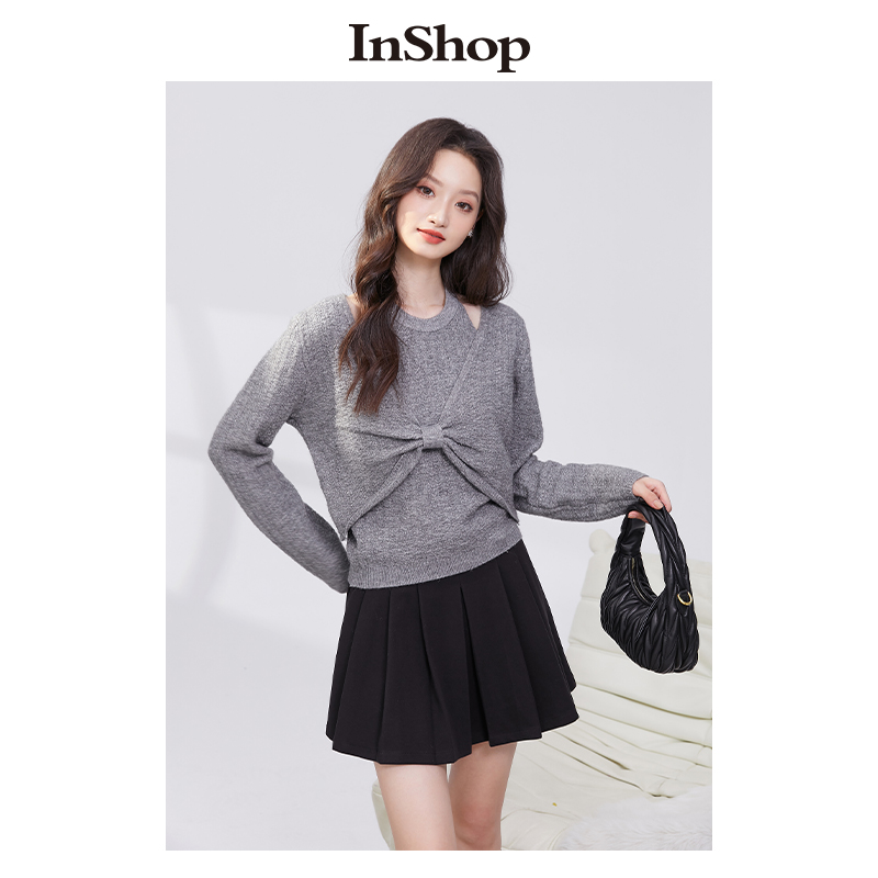 【商场同款】INSHOP新款挂脖背心女甜美少女感蝴蝶结毛衣两件套