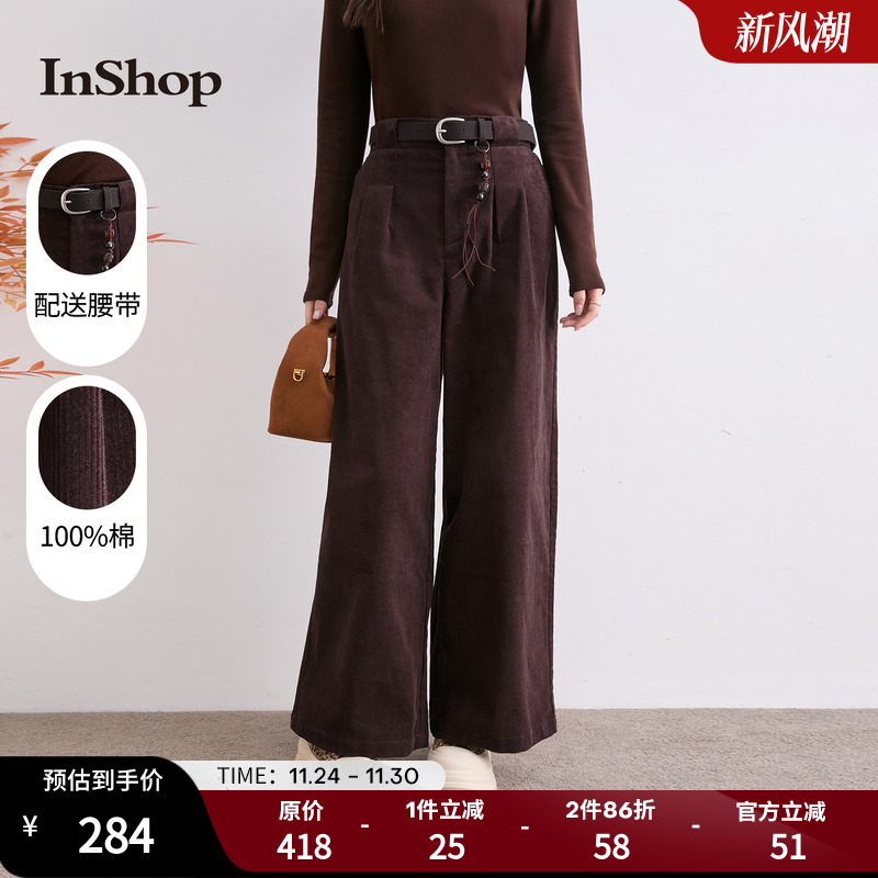InShop【商场同款】新款女复古灯芯绒阔腿休闲裤宽松腰带长裤