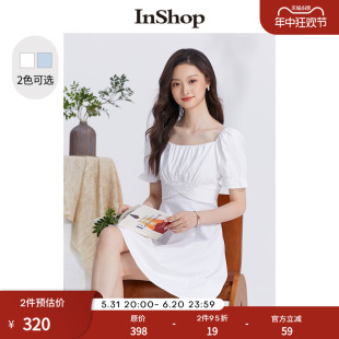 INSHOP新款 甜美纯色打褶连衣裙女灯笼袖 商场同款 a字雪纺裙