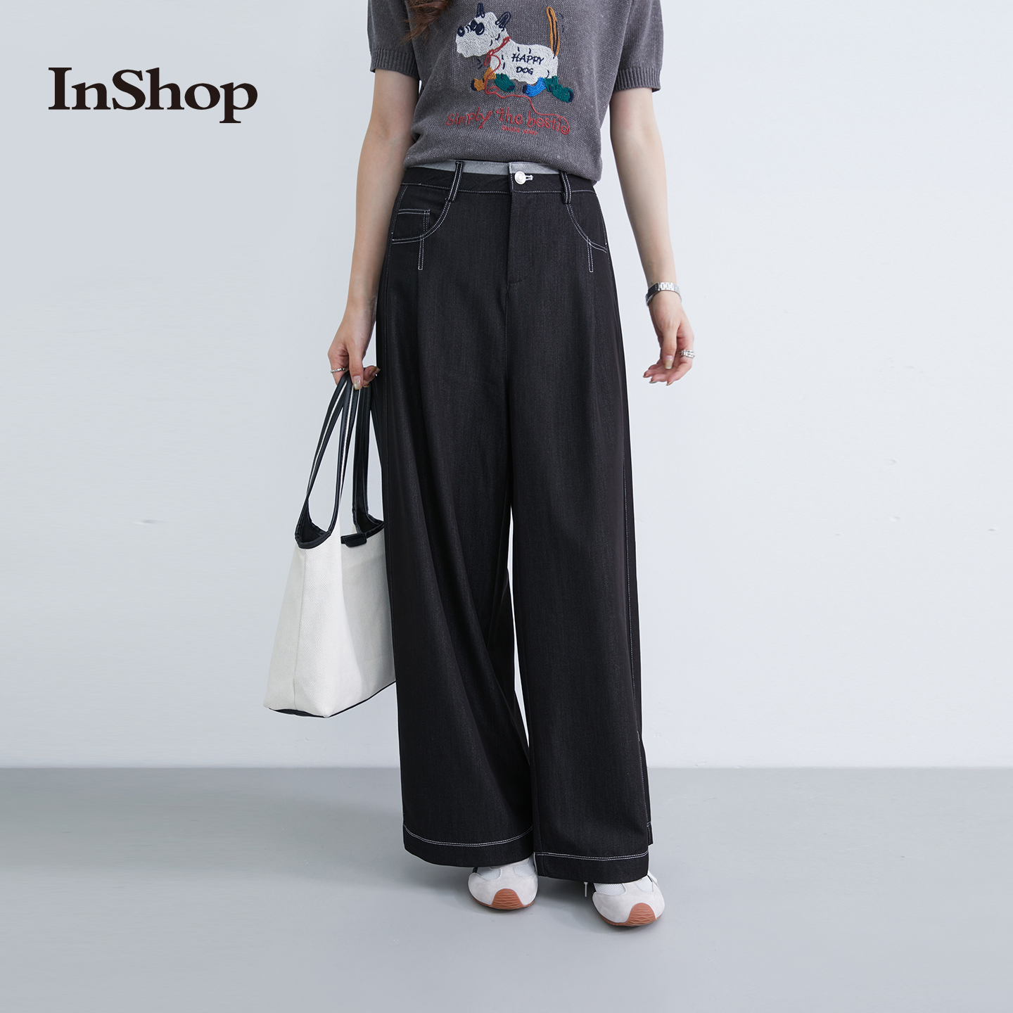 【商场同款】INSHOP新款复古水洗阔腿牛仔裤女个性撞色裤头长裤